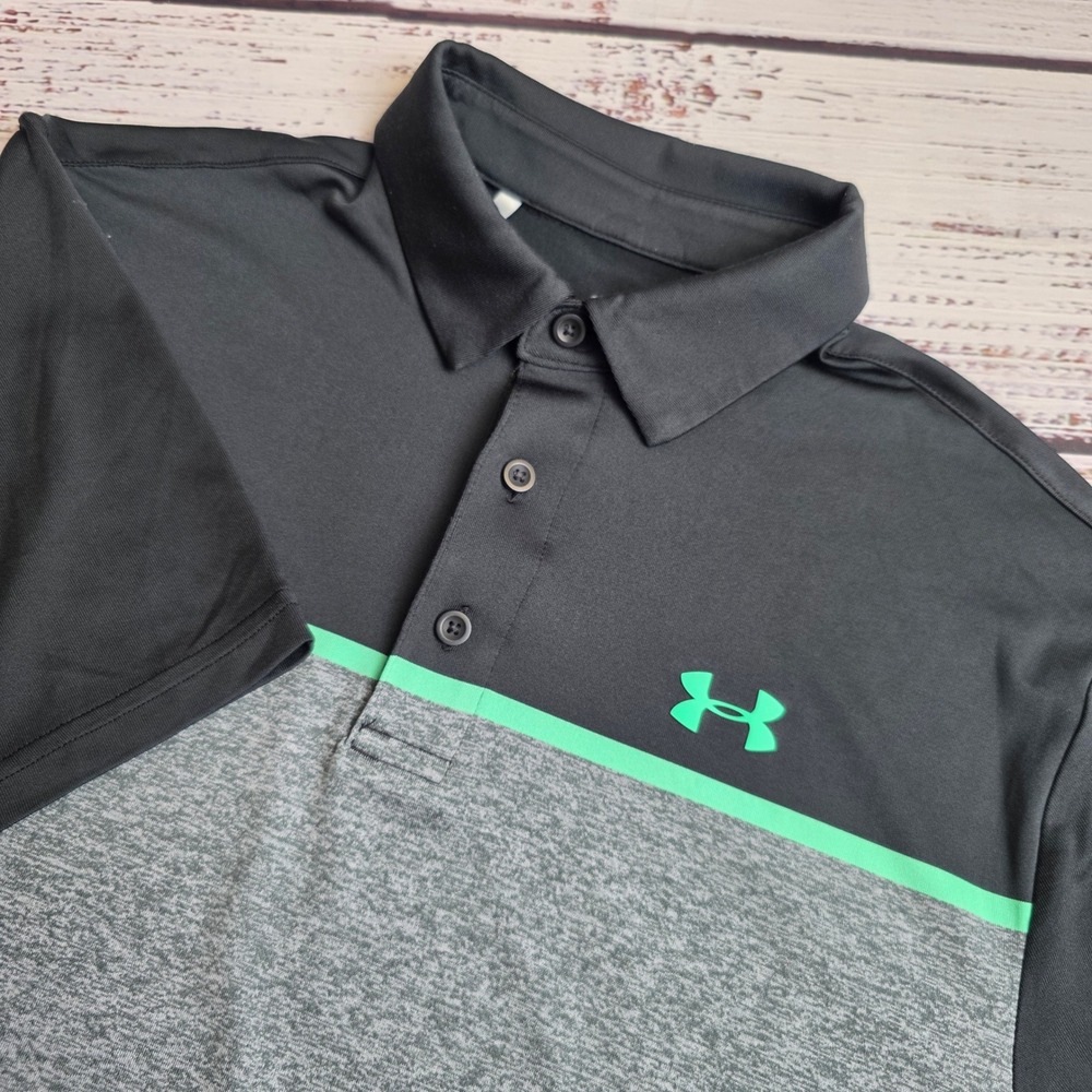 Under Armour Mens Small Playoff Polo Black Grey Green Short Sleeve 1327037